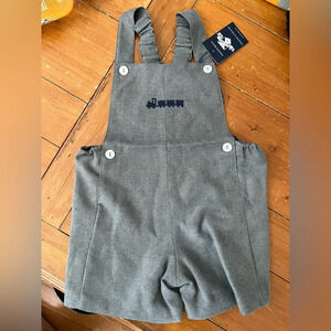 Thomas Brown England baby boys gray train embroidered short overalls 6-12m NWT